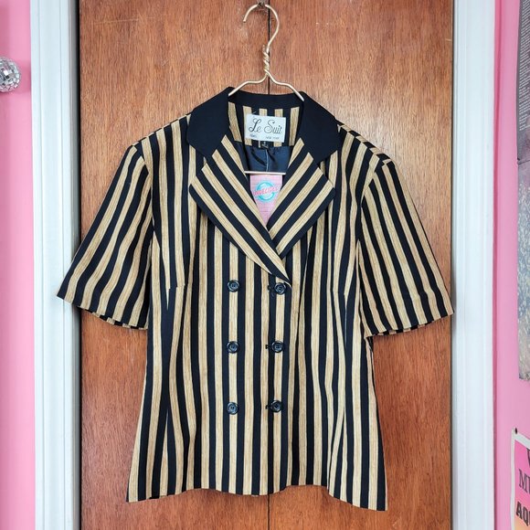 Vintage 90s Navy & "Wood" Striped Short Sleeve Blazer - Picture 4 of 6